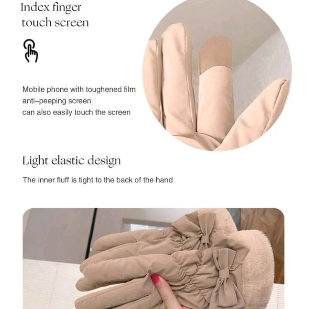 Elegant Brown Fleece Lined Waterproof Winter Gloves, Bow Detail + Touchscreen